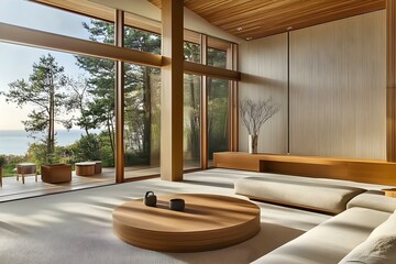 Fototapeta premium Minimalist Luxury Living Space with Large Windows