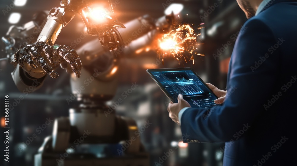 Poster a person controls a robotic arm with a tablet, showcasing advanced technology in industry.