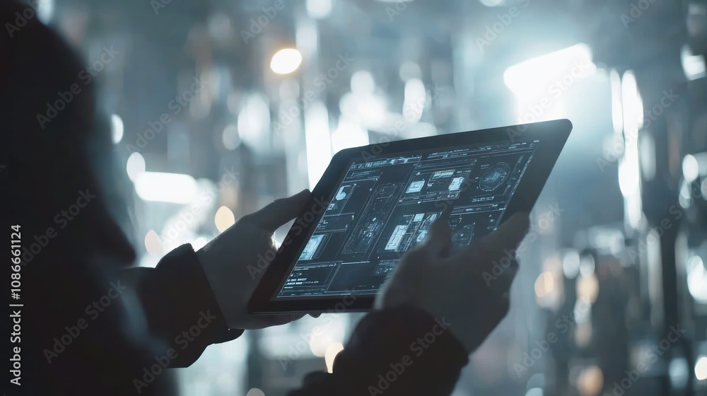 Poster A person holding a tablet displaying complex digital data in a high-tech environment.