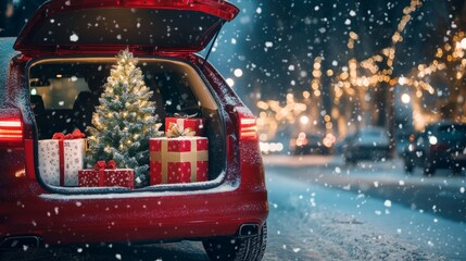 Festive scene with open car trunk displaying christmas tree and presents on snowy street evening