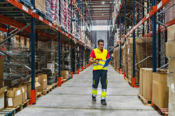 Warehouse worker checking inventory with barcode scanner and clipboard
