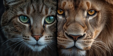 Obraz premium Lion and domestic cat half face comparison, strength vs. gentleness