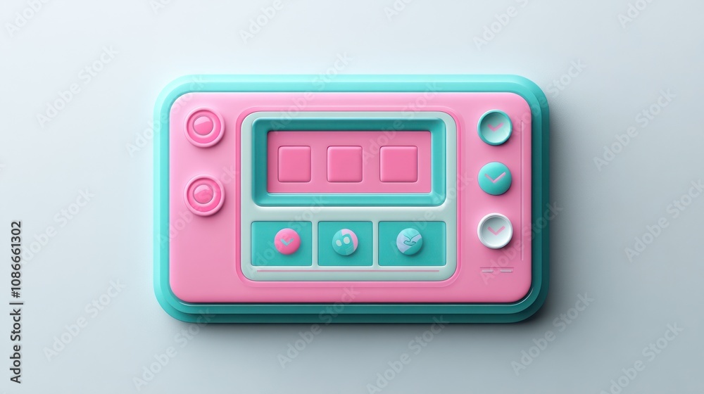 Aufkleber a colorful, playful device with buttons and screens, likely a toy or gadget for children.