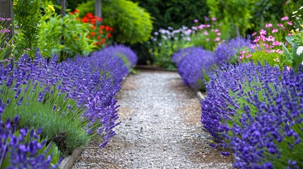 Fototapeta premium Garden path lined with blooming lavender
