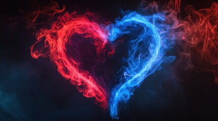 Glowing blue and red heart against black background. Vibrant glowing heart.