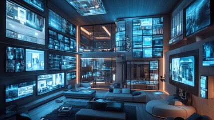 Mockup of a futuristic house with digital screens in every quality