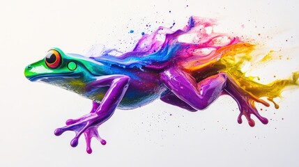Obraz premium Colorful frog in mid-leap, artistically painted with vibrant hues of purple, green, and yellow, embodying creativity and dynamic motion.