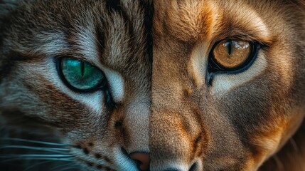 Obraz premium Lion and domestic cat half face comparison, strength vs. gentleness