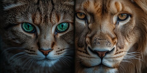Obraz premium Lion and domestic cat half face comparison, strength vs. gentleness