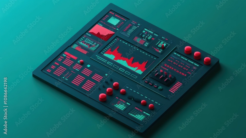 Fototapete A futuristic control panel with graphs and buttons for data monitoring and analysis.