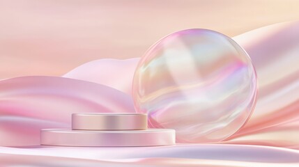 Obraz premium Surreal abstract beauty product display featuring an empty stage with a cylindrical podium and iridescent sphere against a soft pastel pink background