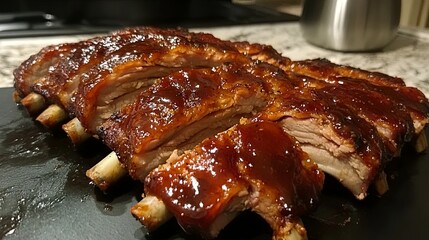 Roasted sliced barbecue pork ribs on kitchen board