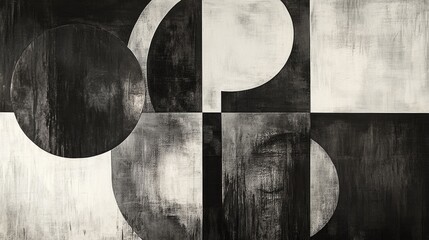 Monochrome abstract art with geometric circles and squares, textured black and white areas, minimalist design in contrasting shades