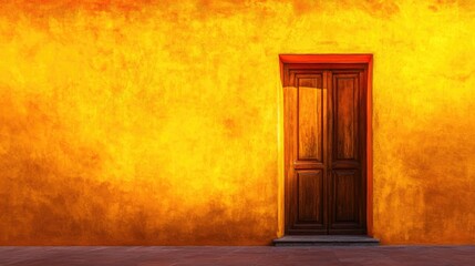 Vibrant yellow and orange textured wall with a wooden door, creating a warm and inviting atmosphere. Ideal for backgrounds or artistic settings.