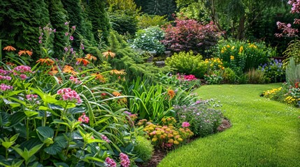 Obraz premium Garden with a variety of blooming perennials
