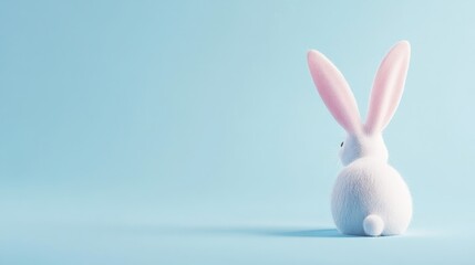 Playful white bunny with oversized pink ears sitting against a soft blue background, evoking a lighthearted Easter theme.