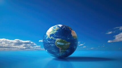 Vibrant Earth Floating Against a Blue Sky with Soft Clouds Highlighting Global Digital Connectivity and the Expansive World Wide Web