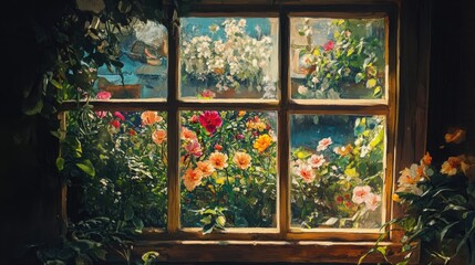 Window view revealing a vibrant blooming garden filled with colorful flowers, bathed in soft natural light, creating a serene and enchanting atmosphere.