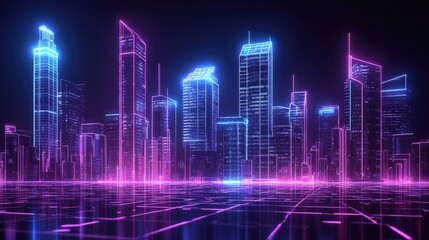 Futuristic cityscape with glowing neon lights highlighting a vibrant cyberpunk skyline and reflective surfaces creating a captivating atmosphere