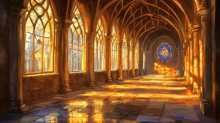 Obraz premium Spacious medieval hall bathed in warm sunlight, showcasing stunning stained glass windows, towering columns, and elegant vaulted arches for a cathedral-like ambiance.