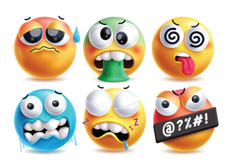 Nervous emoji vector characters set. Emojis 3d clip art like unwell, vomit, dizzy, cold, drooling and angry facial expressions character elements. Vector illustration nervous emoji collection.
