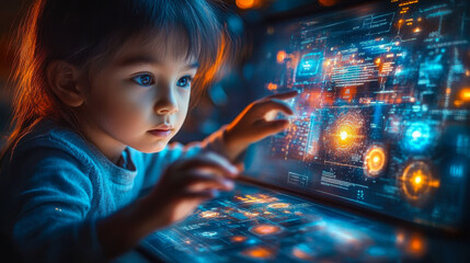 Futuristic Classroom with AI-Powered Tablets and Interactive Holographic Displays