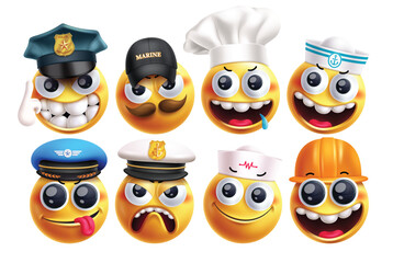 Emoji profession characters vector set. Emojis job character like police, marine, chef, seafarer, pilot, captain, surgeon and engineer wearing hat costume graphic elements. Vector illustration career 