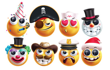 Emoji profession vector characters set. Emojis job character like birthday, pirate, surgeon, clown, bandit, seafarer and santa claus wearing hat costume with person facial expressions. Vector 