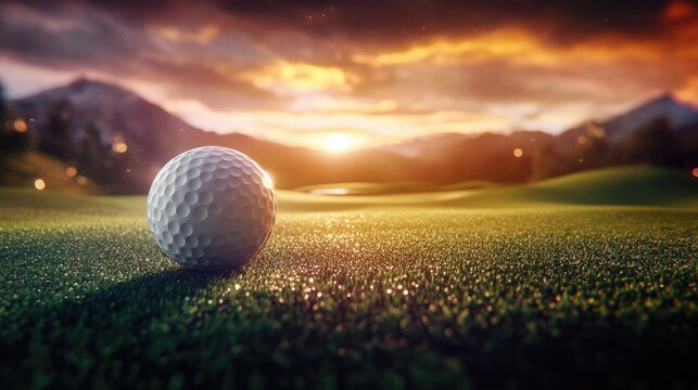 White golf ball on lush green course poised for a shot with a stunning sunset backdrop and vibrant blurred landscape creating ample copy space.