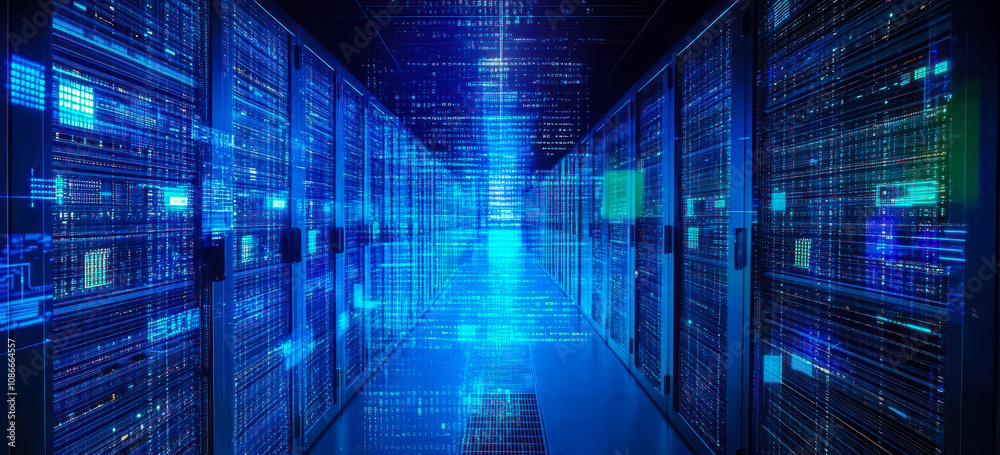 Poster futuristic data center with digital interface representing advanced cybersecurity and network techno