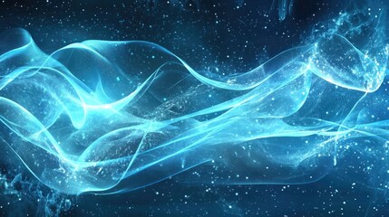 Fototapeta premium Futuristic blue digital landscape with flowing waves, interconnected neural networks, and cyber quantum computing elements set against a starry background, innovation, networking.