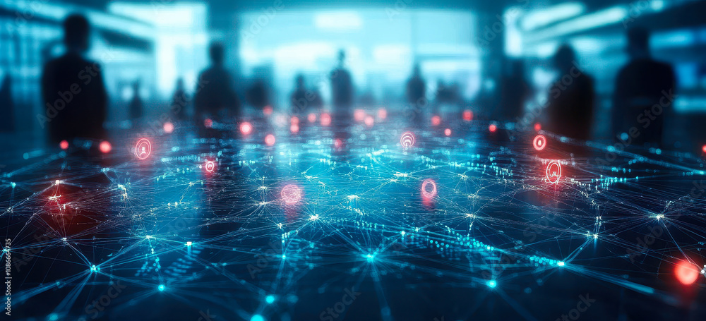 Poster digital business network with connected data nodes and technology interface