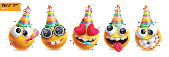 Emoji happy birthday vector characters set. Birthday emojis wearing rainbow hat costume in blowing, funny, in love, drooling, goofy and cute faces yellow icon clipart. Vector illustration mascot emoji