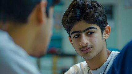 Teen boy intently listening to friend, thoughtful expression.