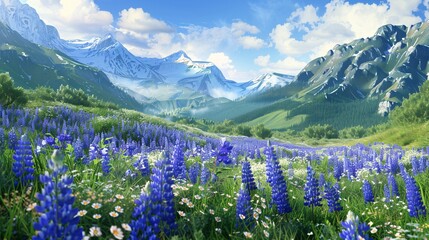 Field of lupines in a mountain valley