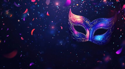 Glistening masquerade mask adorned with intricate patterns against a blurred dark backdrop filled with vibrant confetti elements.