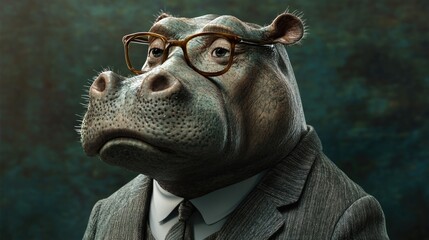 Obraz premium Thoughtful humanoid hippopotamus dressed in a grey suit and glasses, posing elegantly with a textured water backdrop.