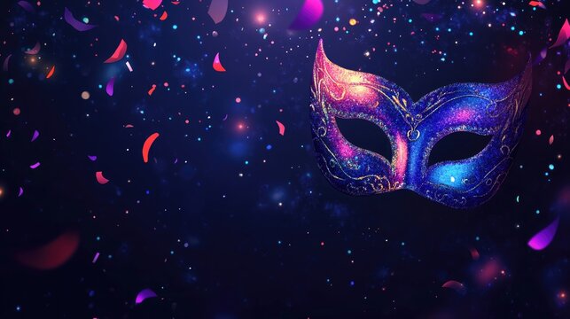 Glistening masquerade mask adorned with intricate patterns against a blurred dark backdrop filled with vibrant confetti elements.