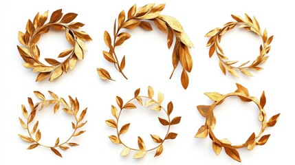 Set of elegant golden olive crown laurels with varying designs, showcasing intricate leaf arrangements and circular forms for decorative use.