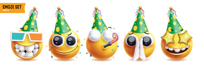 Happy birthday emoji vector characters set. 3d emojis character wearing green and yellow party hat in funny, cute smiling, blowing balloon, begging and star eyes facial expressions graphic design. 