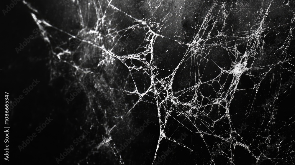 Wall mural intricate spider web illuminated against a dark background, showcasing delicate patterns and texture