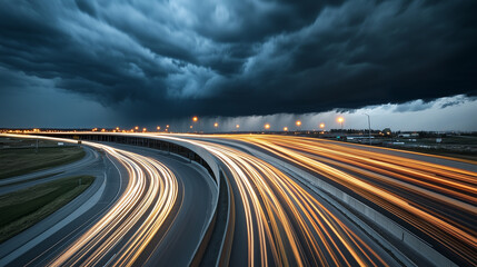 Long-Exposure Shot of a Highway Illuminated at Night