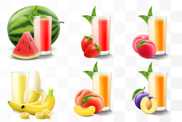 Set of fruit juices or smoothies isolated on transparent background. Bright exotic fruit cocktail in a glass with ripe fruits. Realistic 3d vector illustration. Summer design. Healthy food,