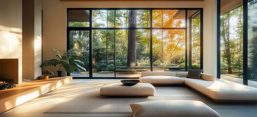 Modern Zen Living Room with Large Windows Overlooking Scenic Garden