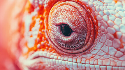 Naklejka premium A reptile eye in on-trend colors.Fascinating close-up of a chameleon's eye, showing off its intricate patterns and vibrant colors.