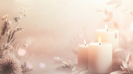 Serene and soft-toned background with lit candles and gentle floral accents, perfect for commemorative events or remembrance with ample copy space.