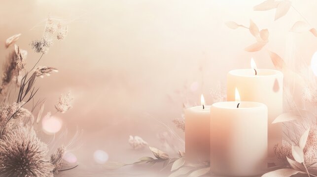Serene and soft-toned background with lit candles and gentle floral accents, perfect for commemorative events or remembrance with ample copy space.