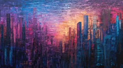 Obraz premium Tranquil cityscape at dawn or dusk showcasing a vibrant palette of blue, purple, amber, red, and gold hues with abstract urban silhouettes.