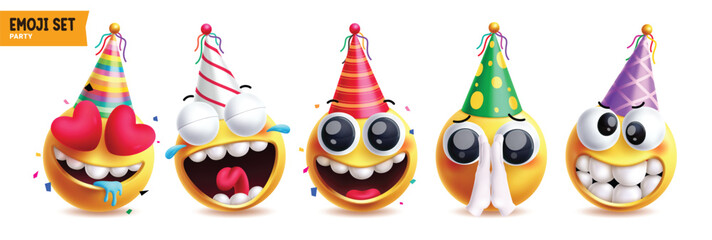 Birthday emoji vector characters set. Emojis happy birthday wearing colorful party hat costume with facial expressions like in love, goofy, happy, begging, cute and funny clip art collection elements.