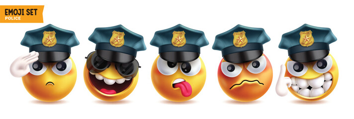 Police profession emoji vector characters set. Emojis police officer wearing cap elements with facial expressions like salute, laughing, tired, angry and giggle clip art yellow icon graphic design.